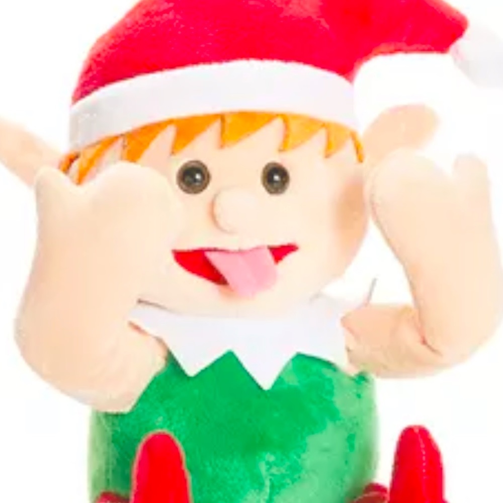 Brand new animated elf says merry Christmas, sticks out tongue , covers eyes!
